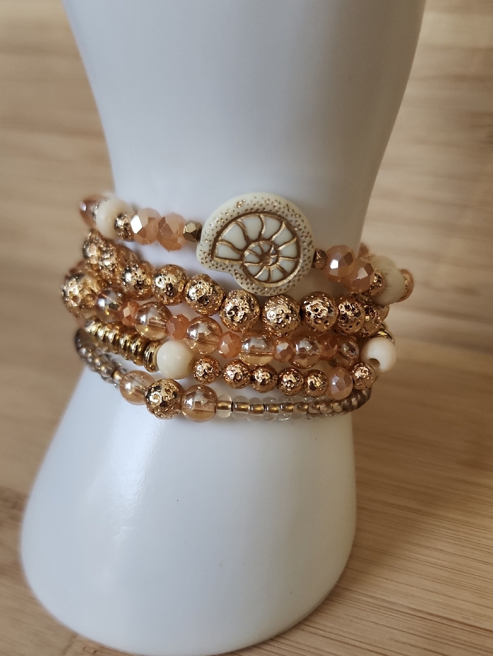 🆕️Stacked Beaded Stretch Bracelet Set in Beige/Peach and Gold 5pc